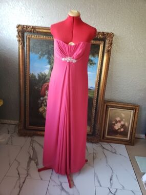 Strapless Hot Pink Evening Gown with Crystal Waist Accent